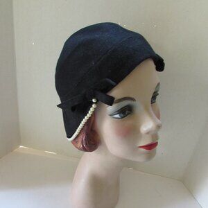 SALE Vintage Cloche Style Hat Black Felt Faux Pearl Trim